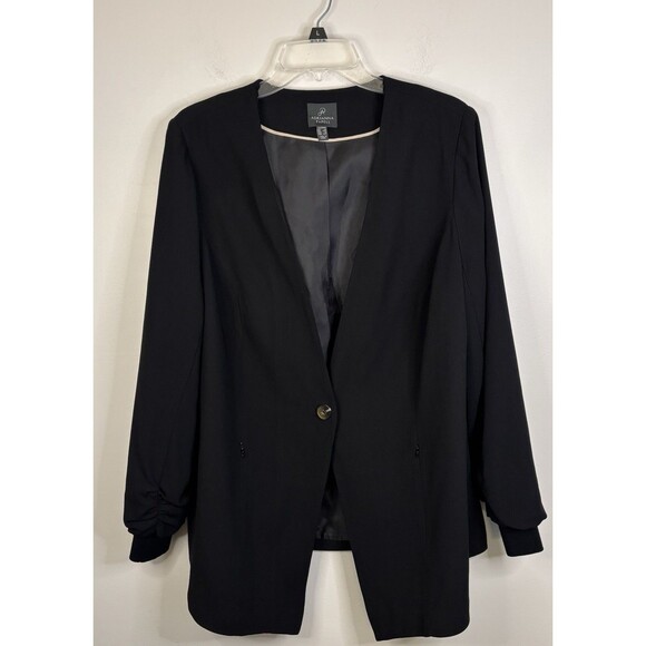 ADRIANNA PAPELL Black Single Button Ruched Sleeve Blazer 18W Zip Pocket Classic - Picture 2 of 12